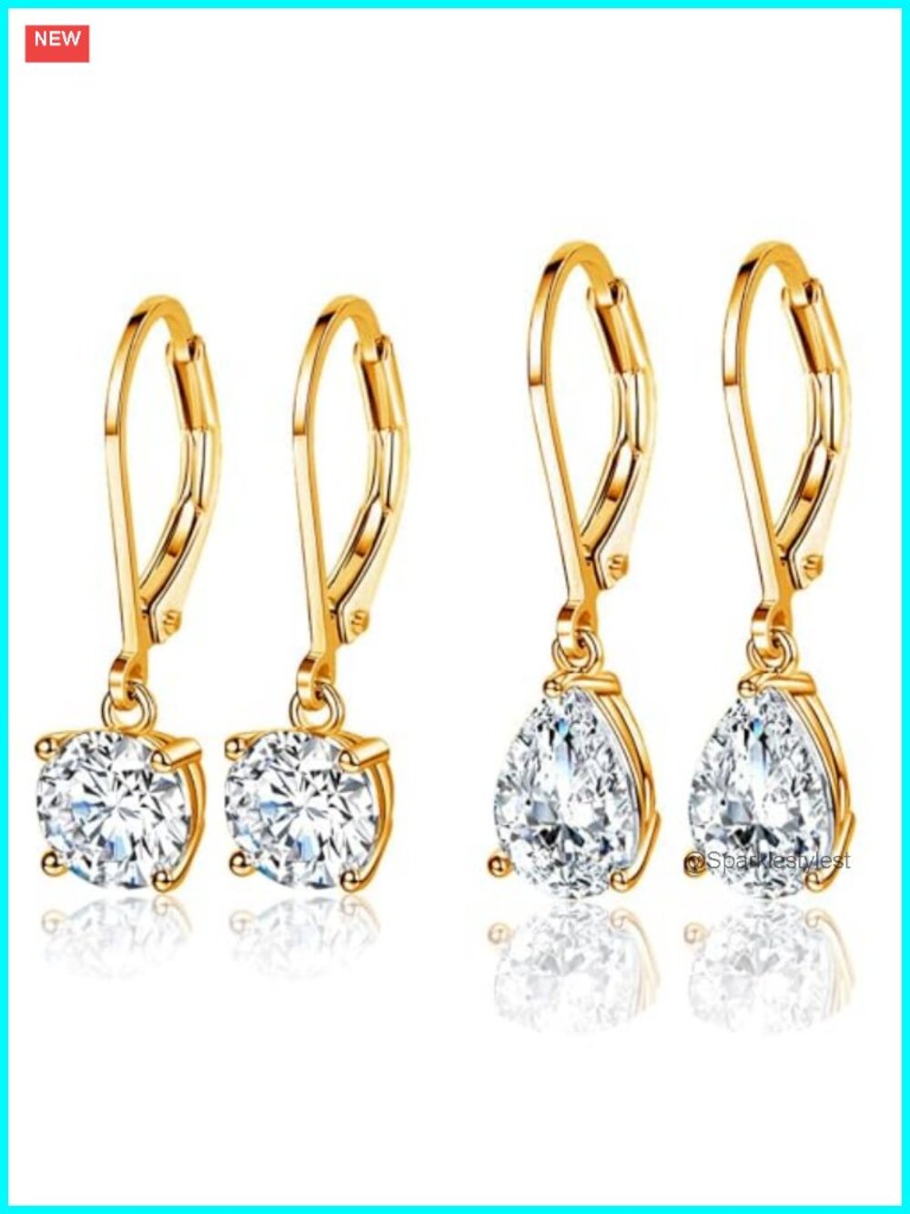 18K Gold Plated Leverback Dangle Earrings Set CZ Drop Dangle
